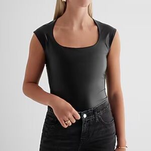 New Express Women’s Body Contour Faux Leather Scoop Neck Cap Sleeve Bodysuit